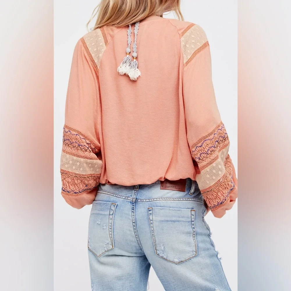 Free People Peach Spring Break Wrap Blouse with Embroidered Sleeves - Size S